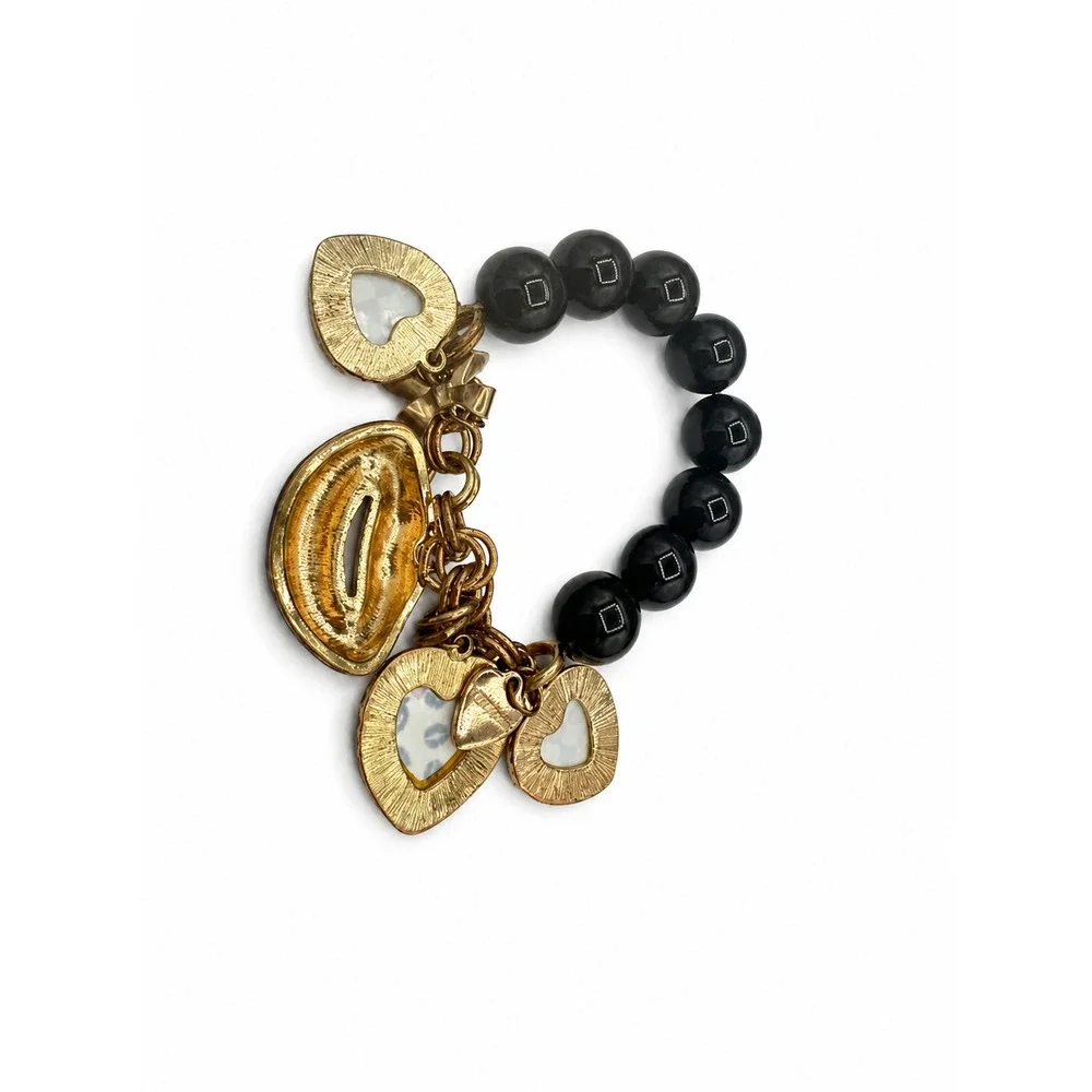 Rare Vintage Betsey Johnson Black Bead Leopard Heart Lip Charm Bracelet Y2K - Picture 6 of 6